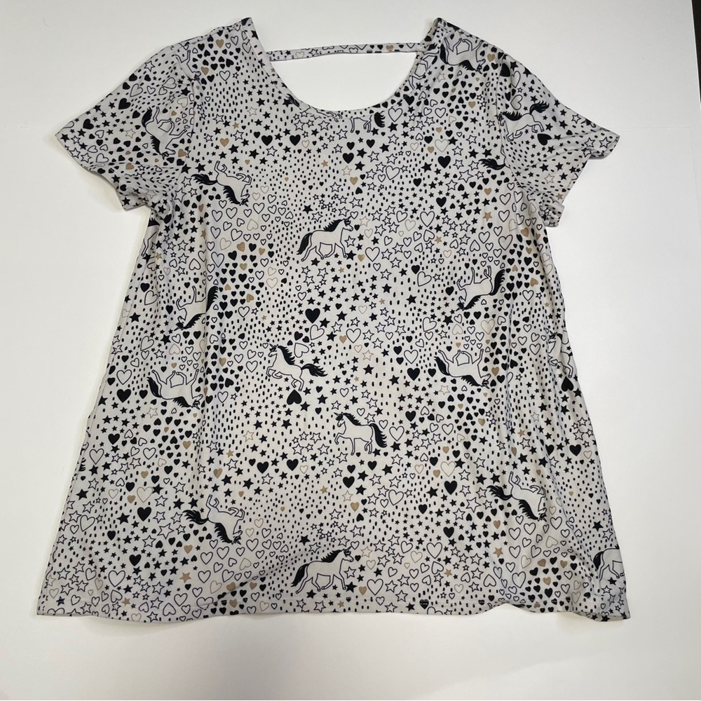 H&M Girls Unicorn Heart Star Print Black White Cutout Back Top L/G (10/12)